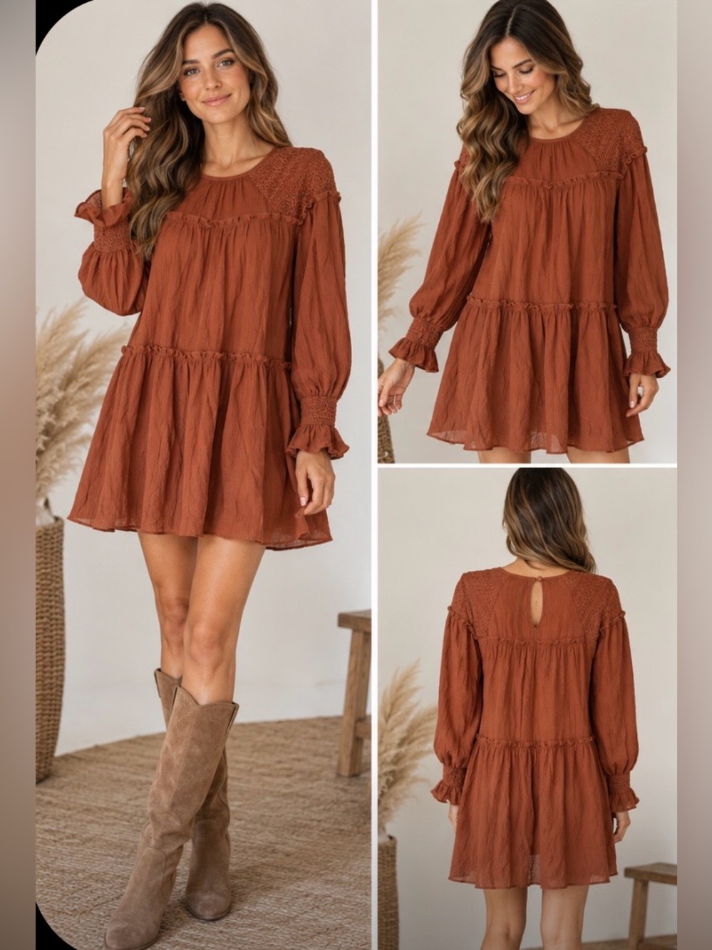 Moon River Womens XS Rust Smocked Embroidered Long Sleeve Boho Mini Dress NWT